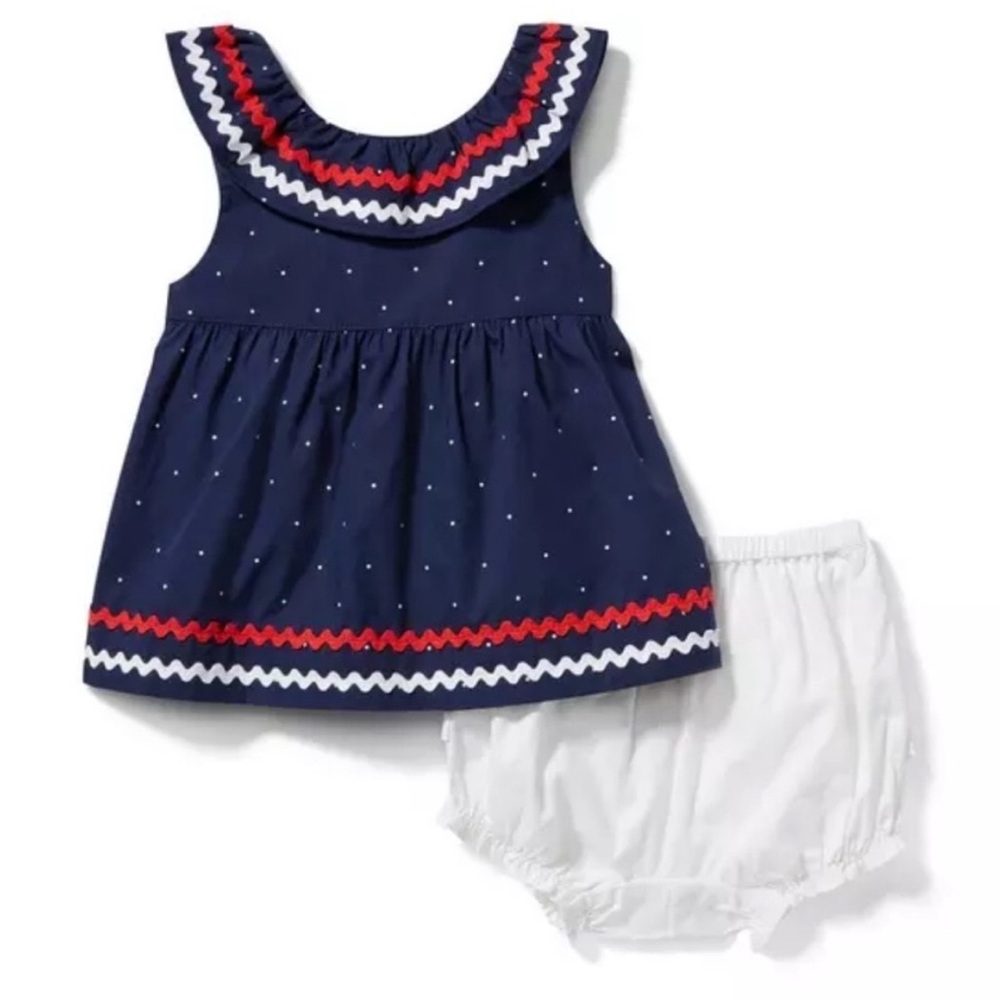 JANIE AND JACK baby girl 4th of July ricrac cotton dress and bloomer. EUC!
